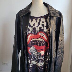 Y2K Wilsons Black Belted Genuine Leather Moto Trench Leopard Jacket (Size: XXL)